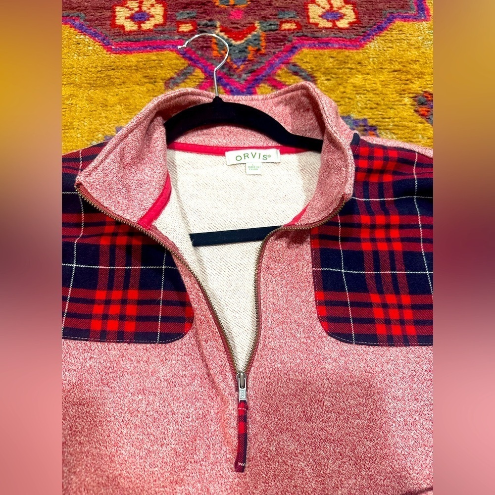 ORVIS pink and red plaid zip up pull over sz L - Picture 5 of 6